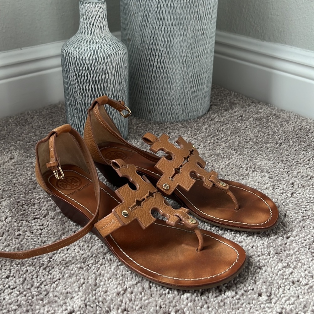 Tory Burch leather mini wedge sandals 9.5